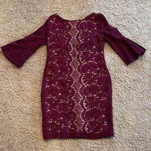 Julian Taylor Wine Lace Bell Sleeve Dress